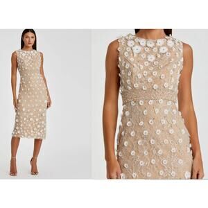 Mac Duggal Nude Ivory Floral Applique Sleeveless Midi Dress Size 0 NWT+I